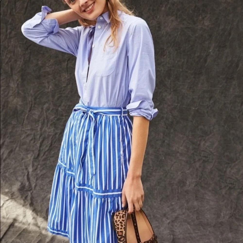 J. Crew Striped Midi Skirt Blue White Button Size 8 Preppy Coastal Brunch Summer - Picture 7 of 14